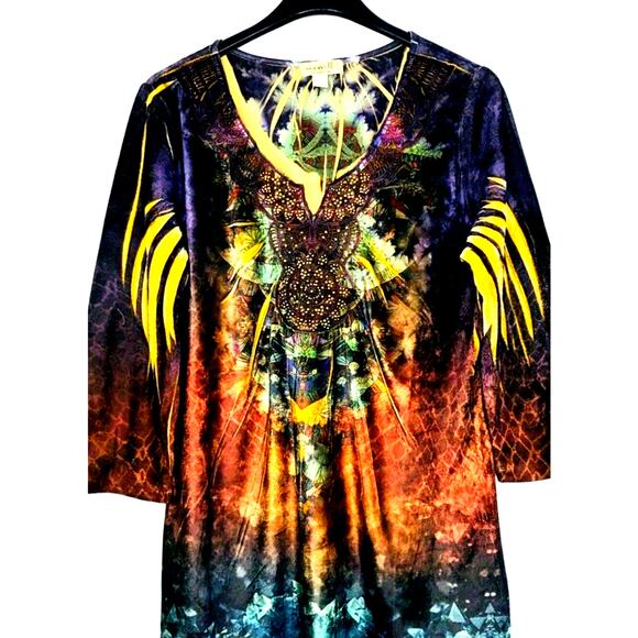 One World Womens L Tunic Boho Velvet Studded Art Fairy DRAGON WINGS Grunge Goth - Picture 1 of 6